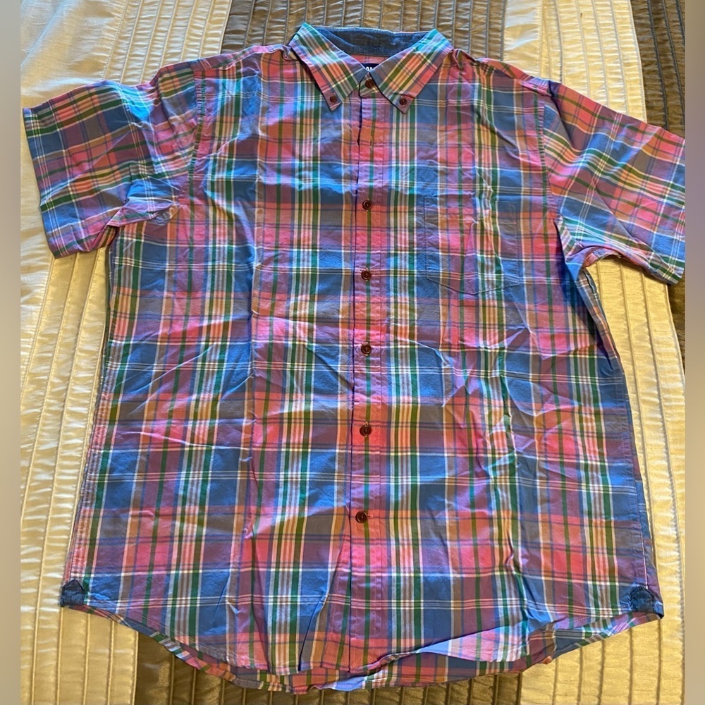 Lands End - NEW-Men's Traditional Fit Short Sleeve Madras Shirt Pink Multi Plaid